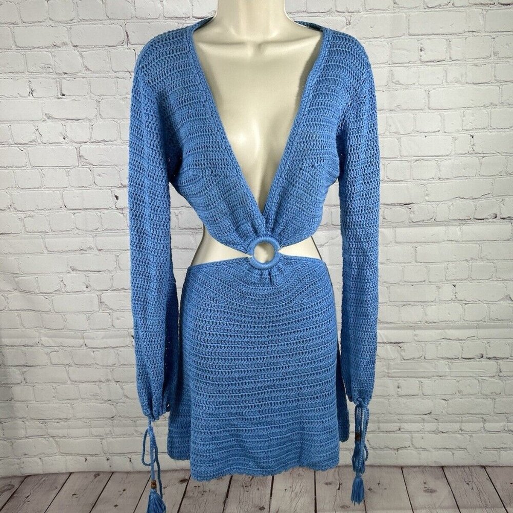 Beginning Boutique Bryleigh Blue Knit Cut Out Tasseled Mini Crochet Dress Size 8